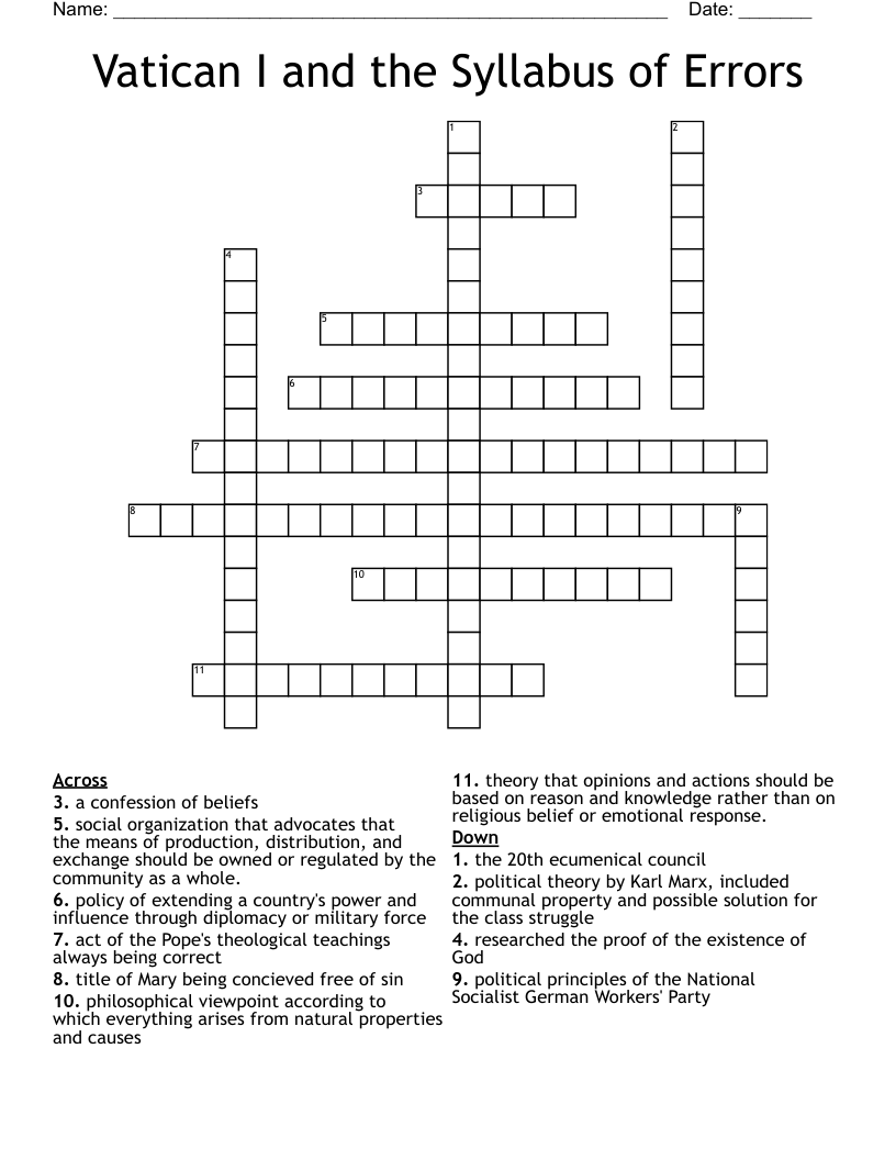 Vatican I and the Syllabus of Errors Crossword