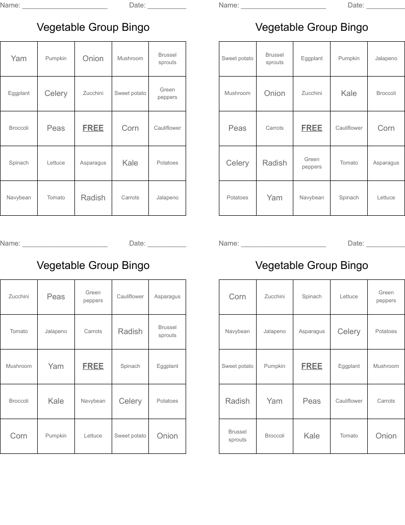 Vegetable Group Bingo