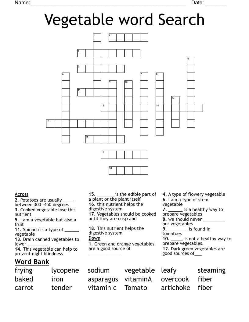 Vegetable word Search Crossword