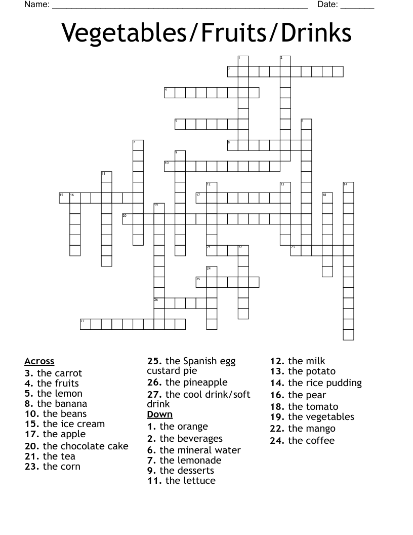 Vegetables/Fruits/Drinks Crossword