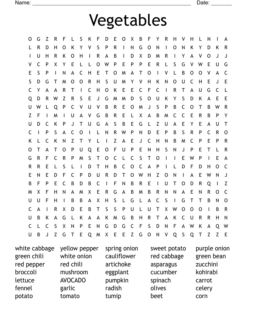 Vegetables Word Search
