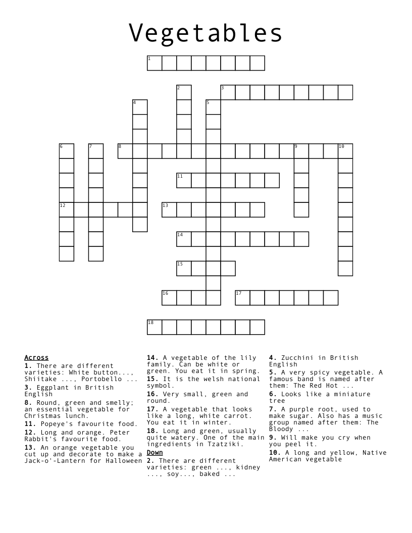 Vegetables Crossword