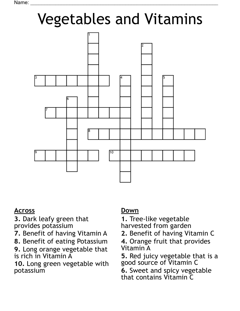 Vegetables and Vitamins Crossword