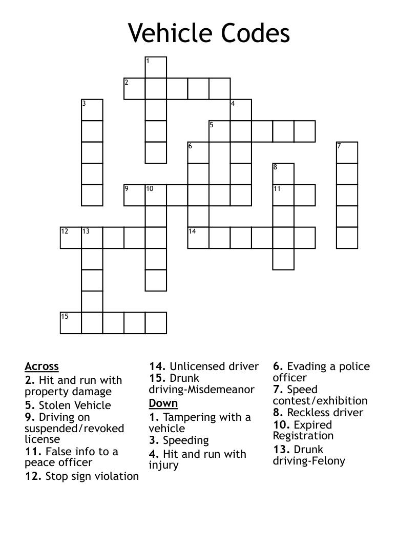 Vehicle Codes Crossword