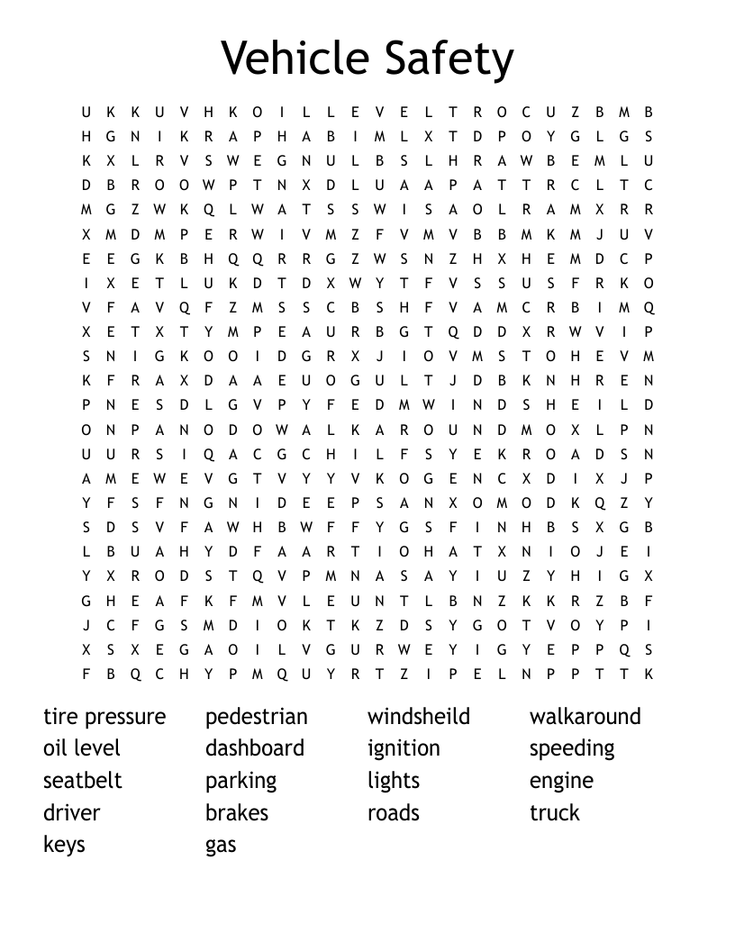 Vehicle Safety Word Search
