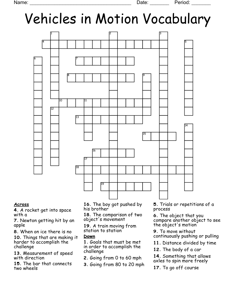 Vehicles in Motion Vocabulary Crossword
