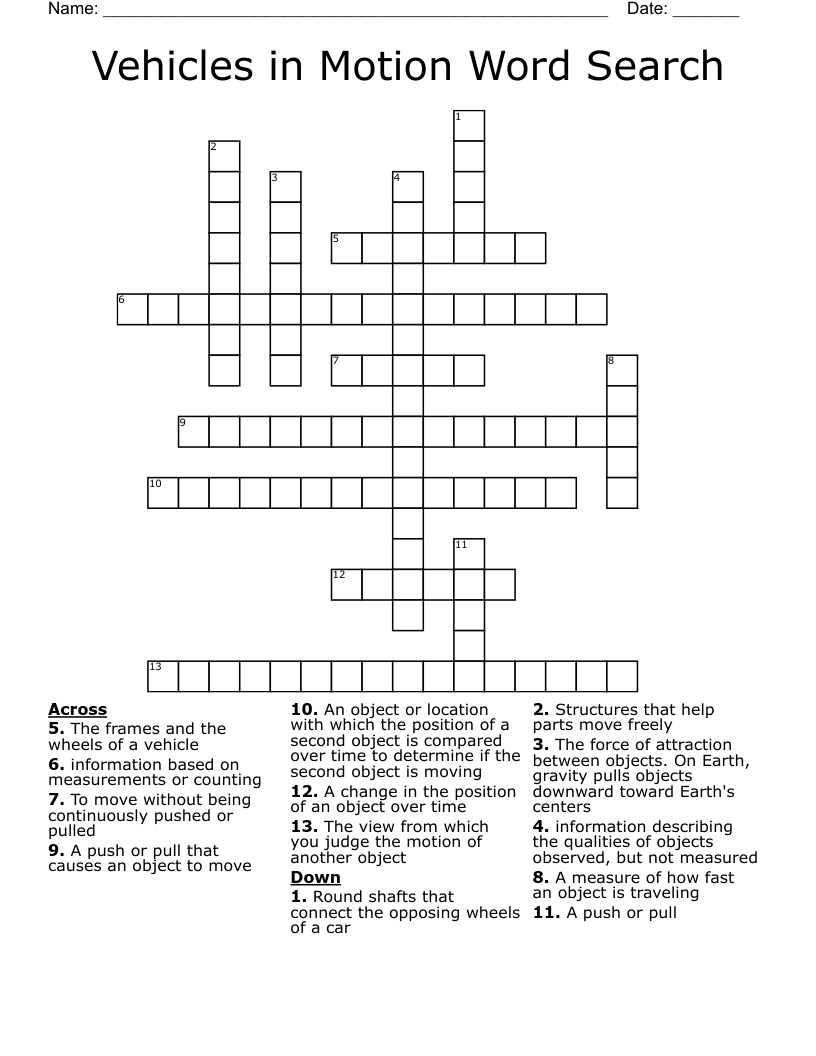 Vehicles in Motion Word Search  Crossword