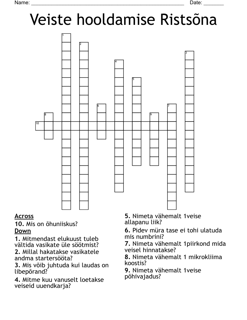 Veiste hooldamise Ristsõna Crossword