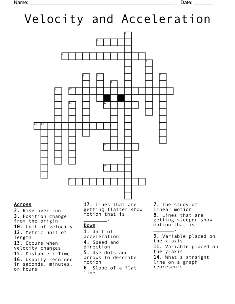 Velocity and Acceleration Crossword