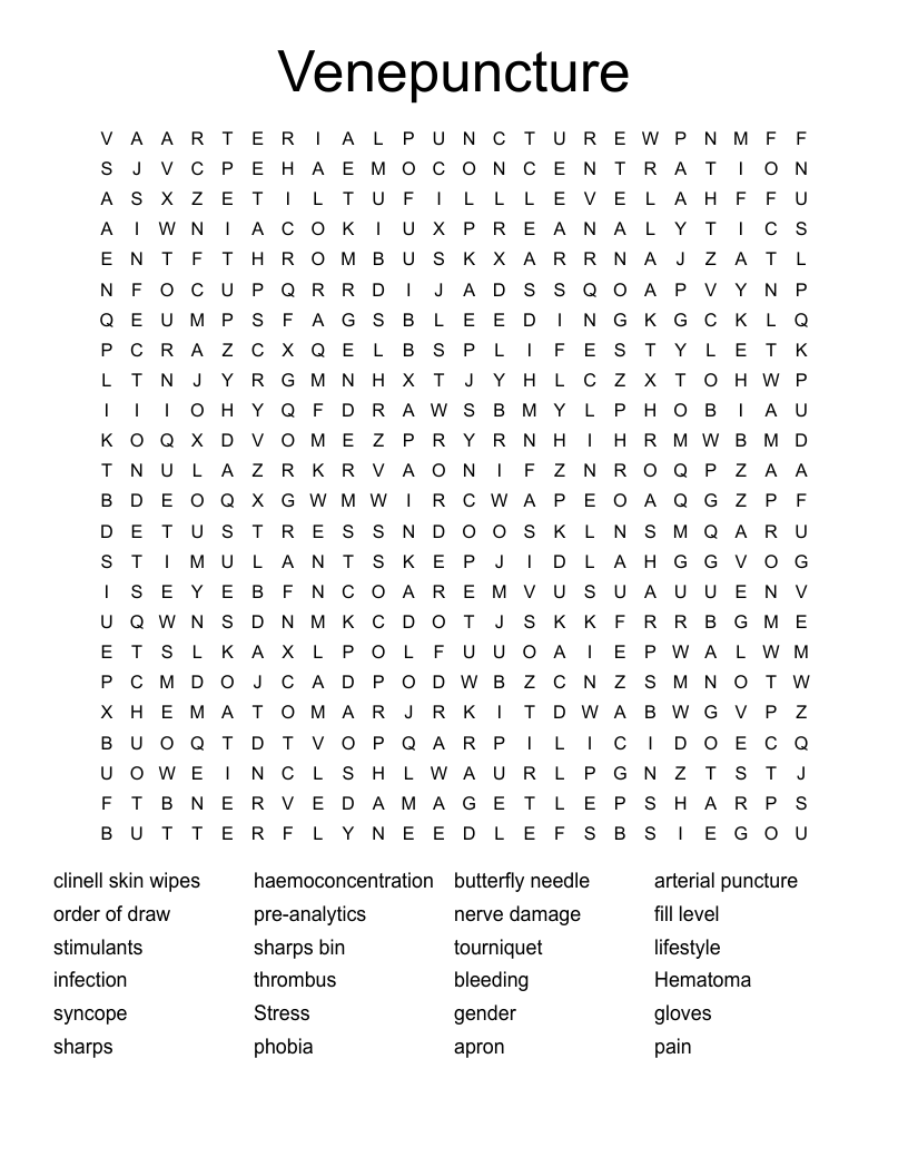 Venepuncture Word Search