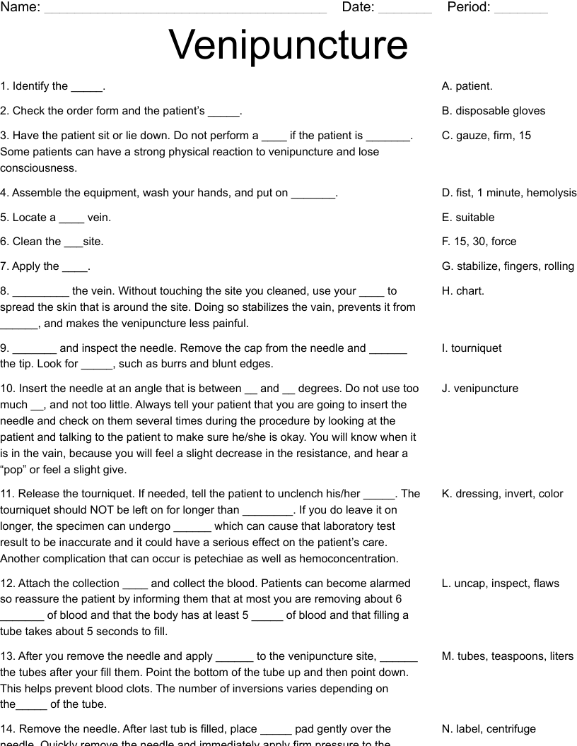 Venipuncture Worksheet