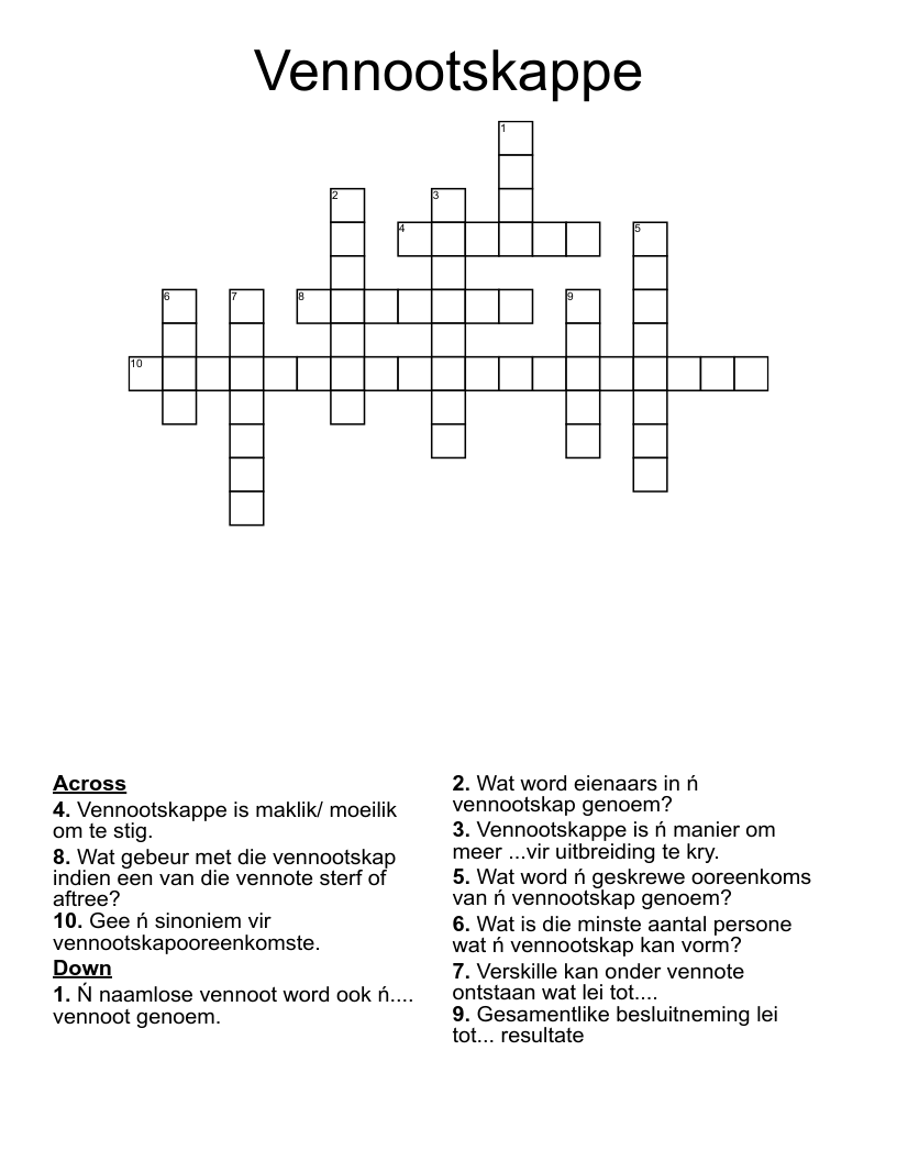 Vennootskappe Crossword