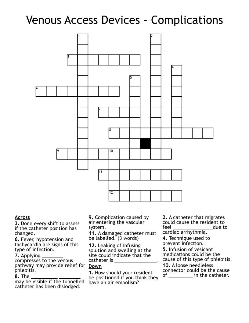 Venous Access Devices - Complications Crossword