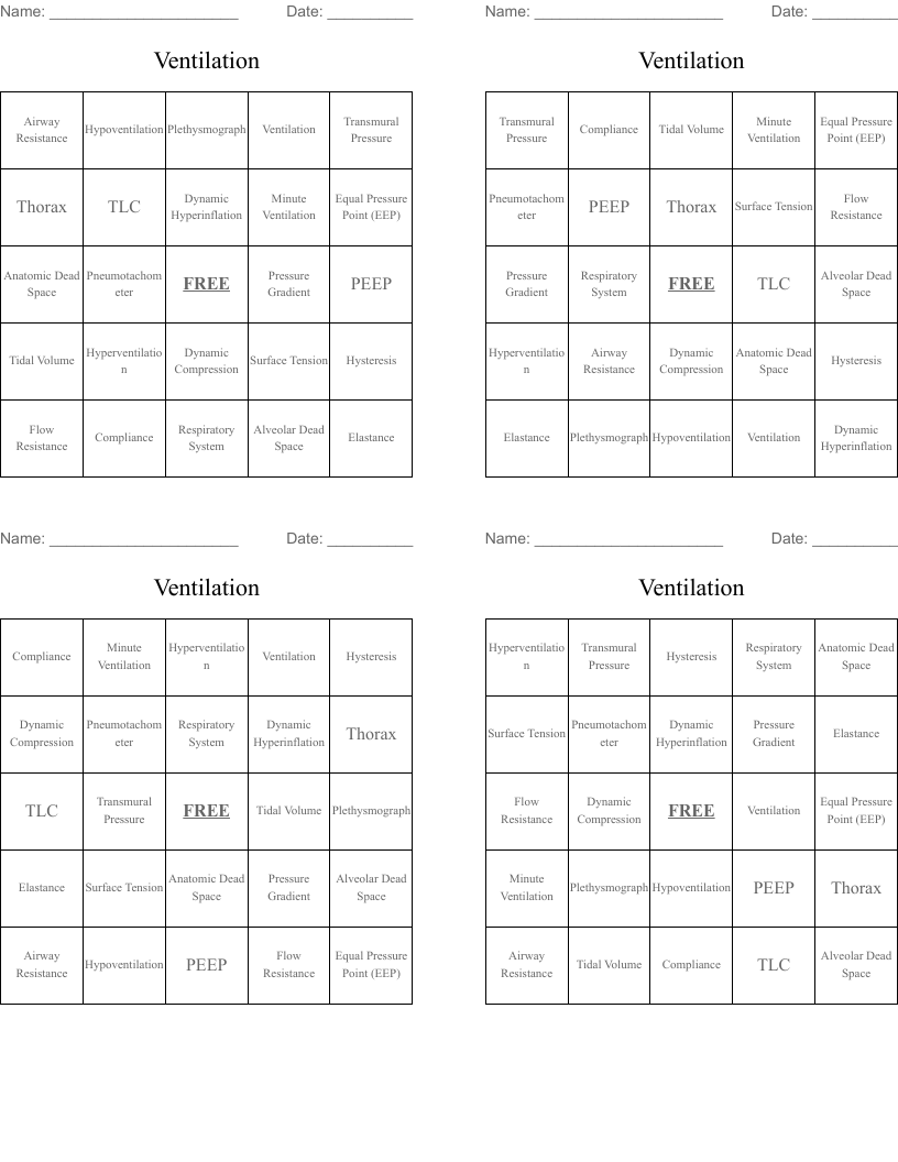 Ventilation Bingo Cards