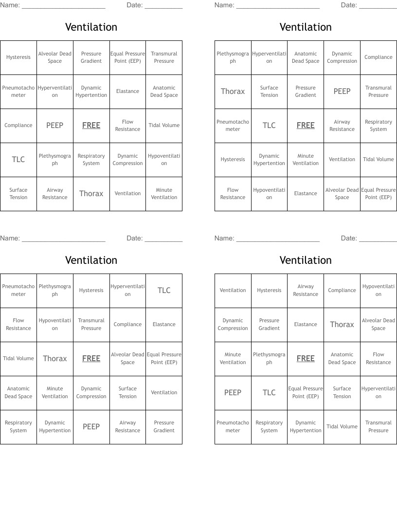 Ventilation Bingo Cards