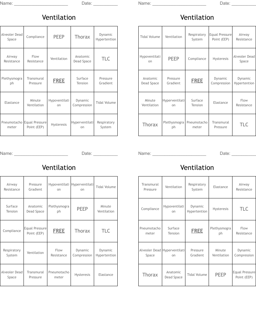 Ventilation Bingo Cards