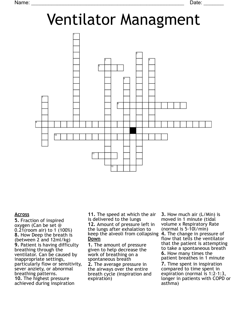 Ventilator Managment Crossword