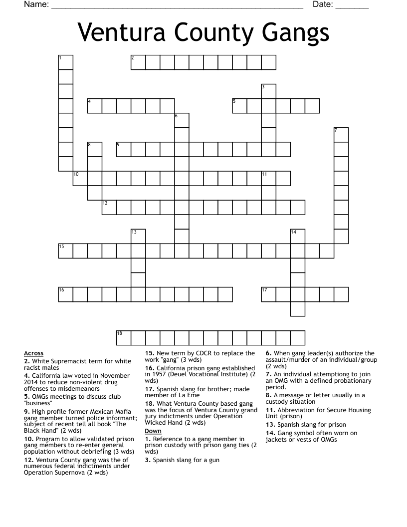 Ventura County Gangs Crossword
