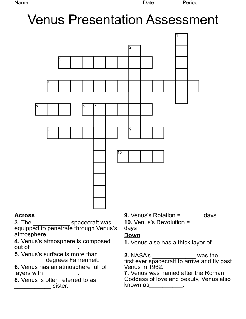 Venus Presentation Assessment  Crossword