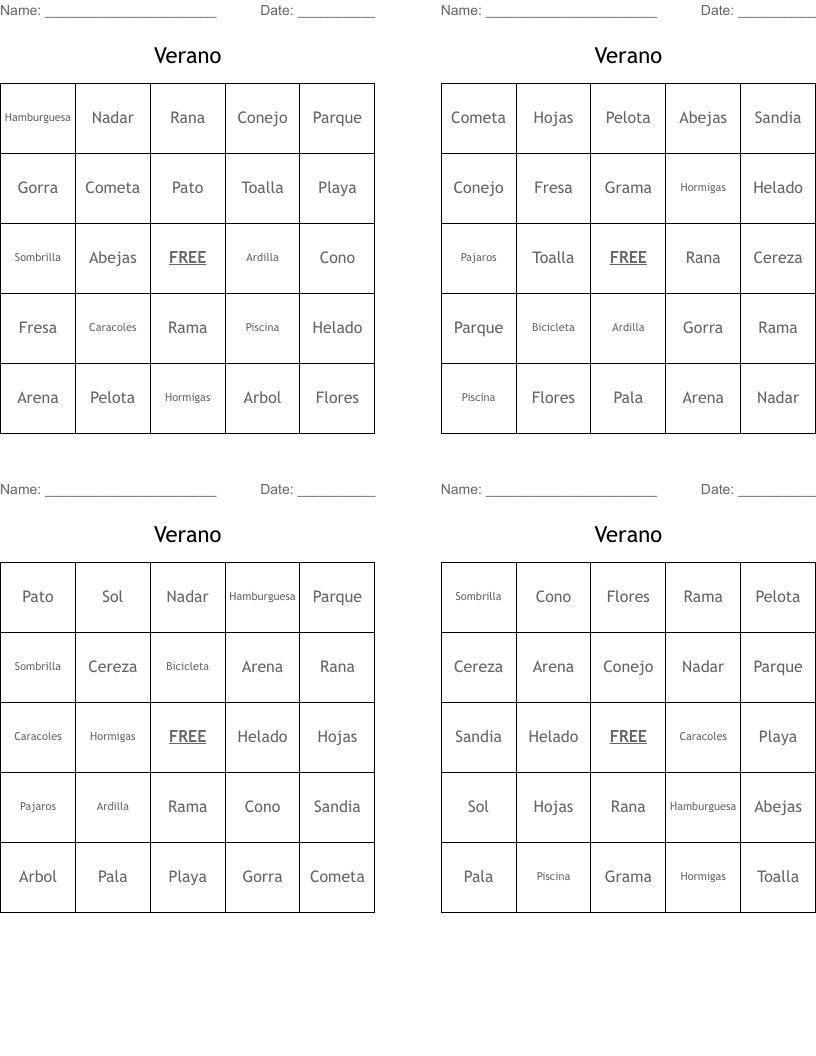 Verano Bingo Cards