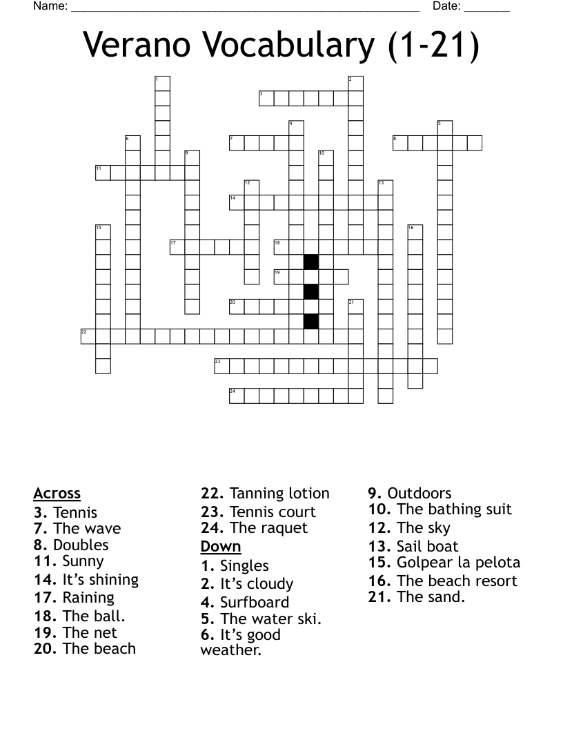 Verano Vocabulary (1-21) Crossword