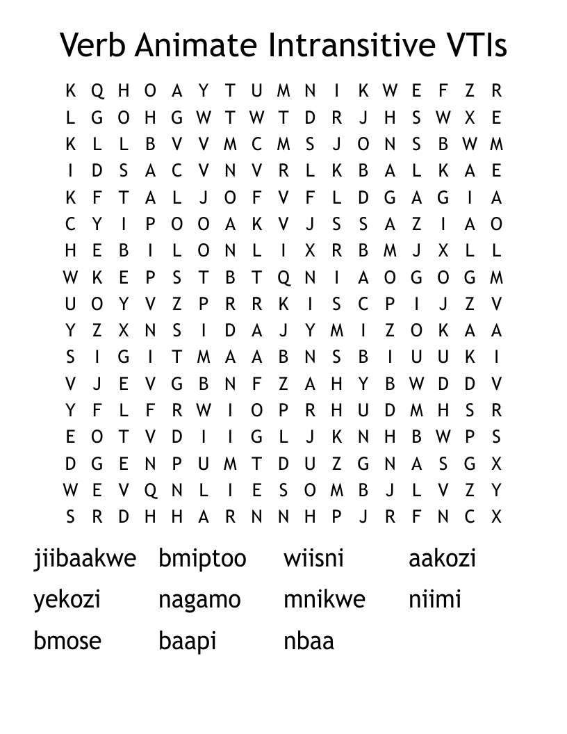 Verb Animate Intransitive VTIs Word Search