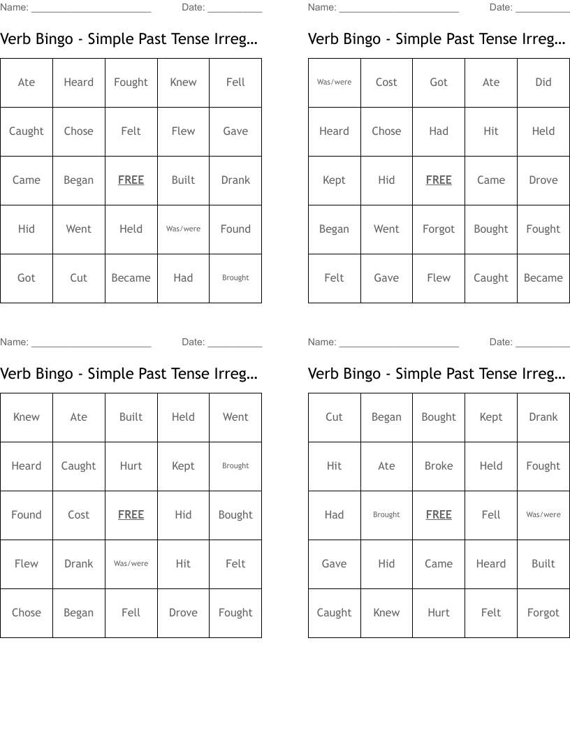 Verb Bingo - Simple Past Tense Irregular Verbs