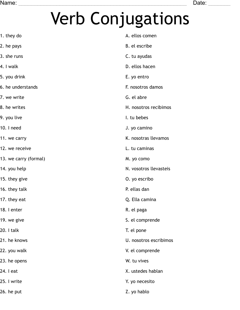 Verb Conjugations Worksheet