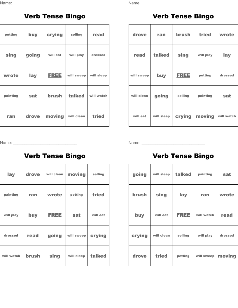 Verb Tense Bingo
