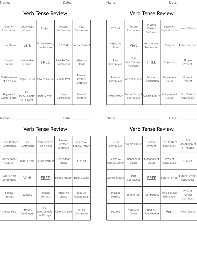Verb Tense Review Bingo Cards