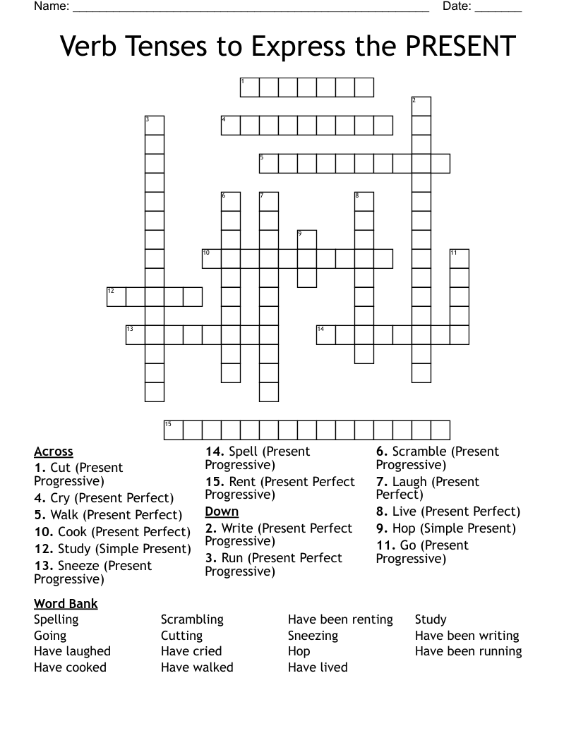 Verb Tenses to Express the PRESENT Crossword