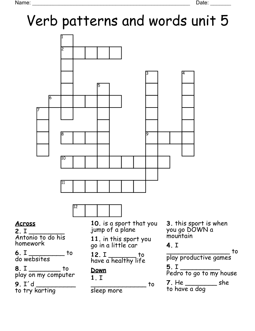 Verb patterns and words unit 5 Crossword