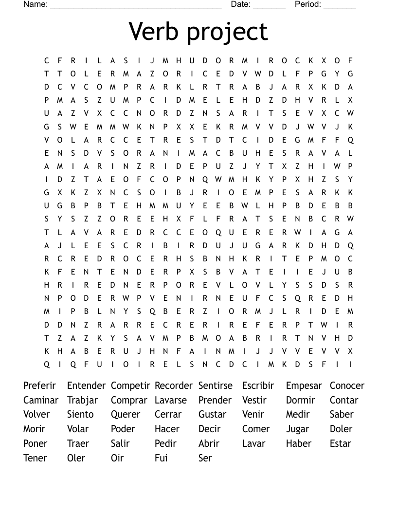 Verb project Word Search