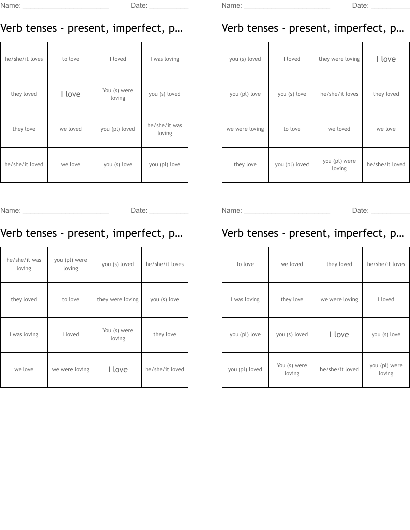 Verb tenses - present, imperfect, perfect Bingo Cards