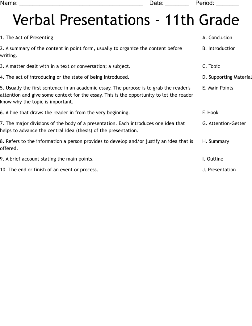 Verbal Presentations - 11th Grade Worksheet