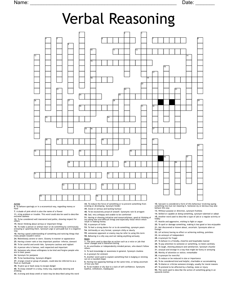Verbal Reasoning Crossword