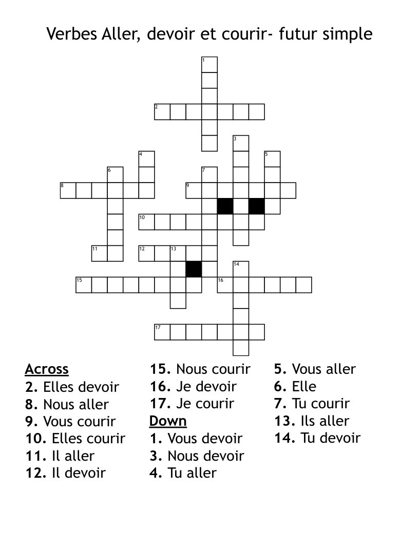 Verbes Aller, devoir et courir- futur simple  Crossword