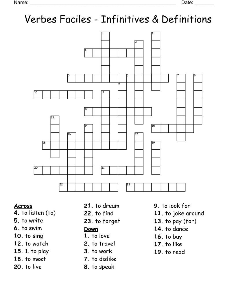 Verbes Faciles - Infinitives & Definitions Crossword