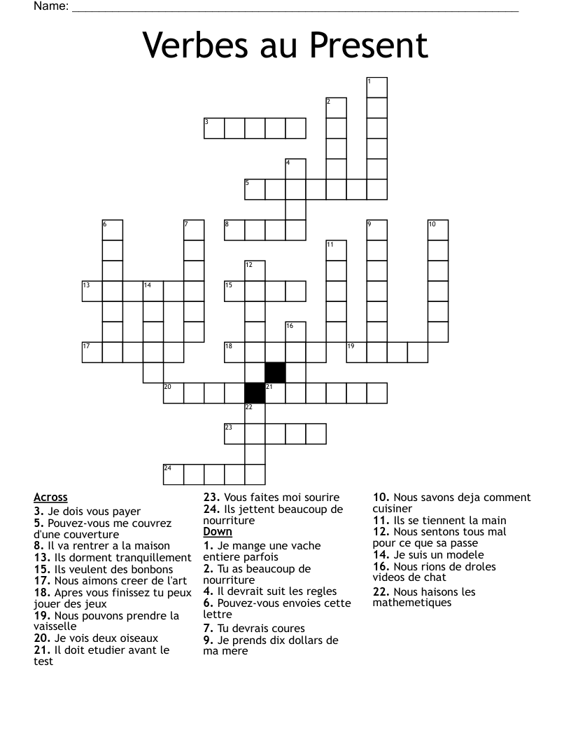 Verbes au Present Crossword