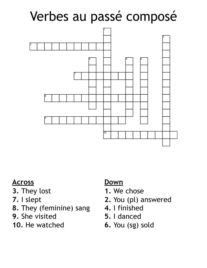 Verbes au passé composé  Crossword