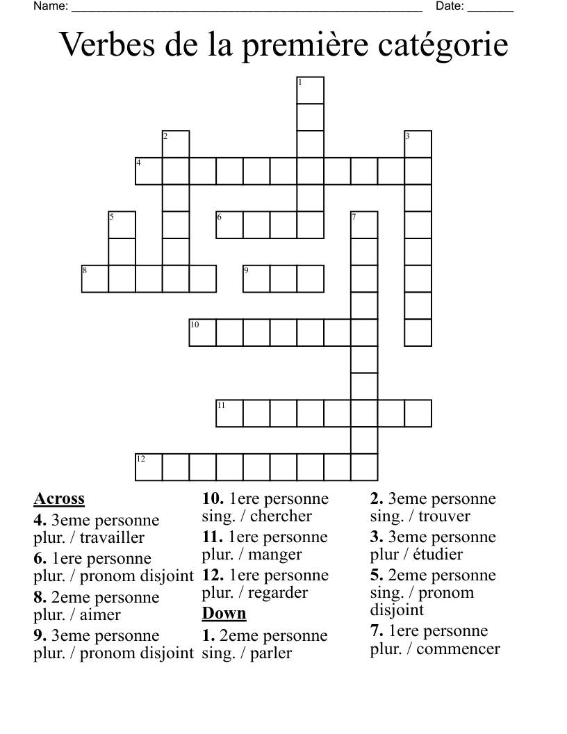 Verbes de la première catégorie Crossword
