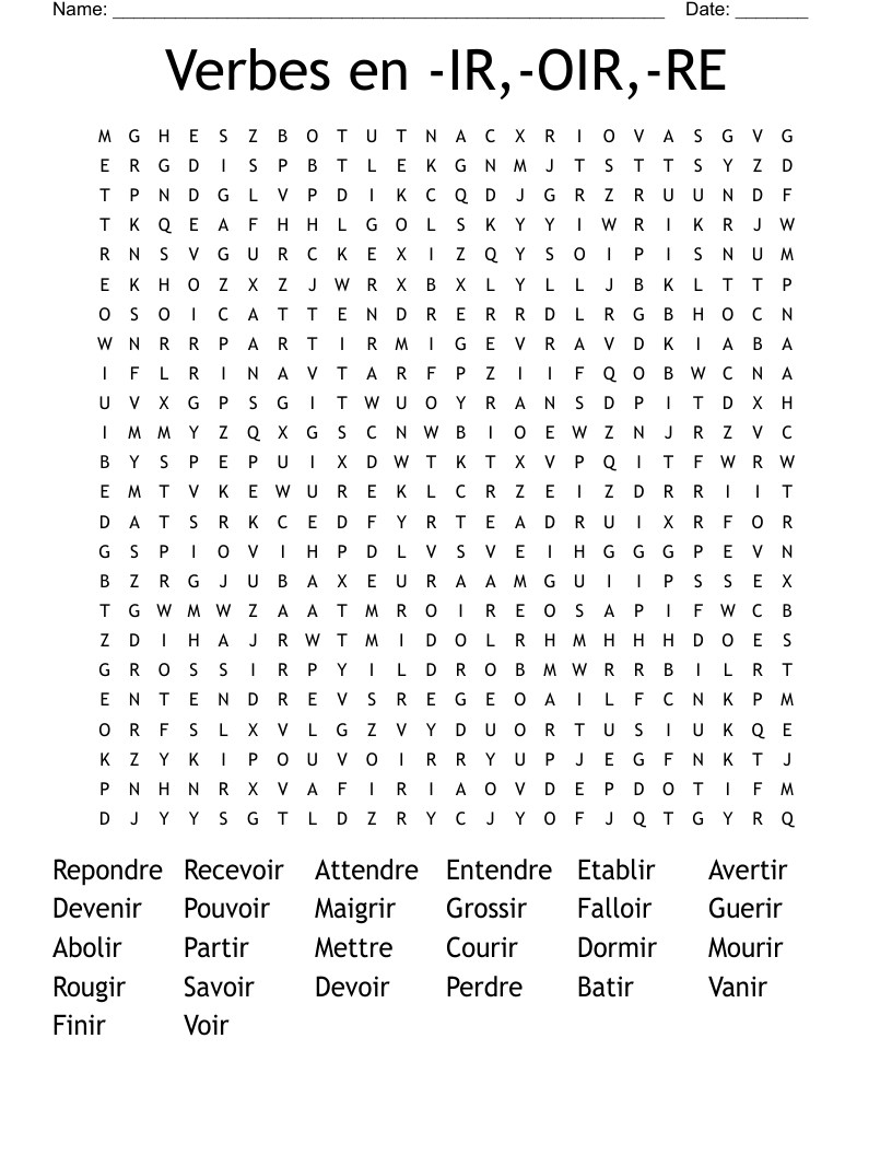 Verbes en -IR,-OIR,-RE Word Search