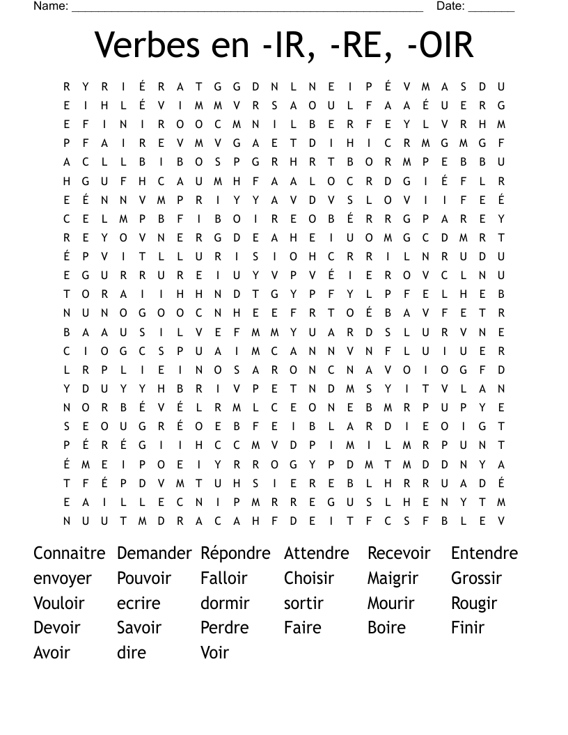 Verbes en -IR, -RE, -OIR Word Search