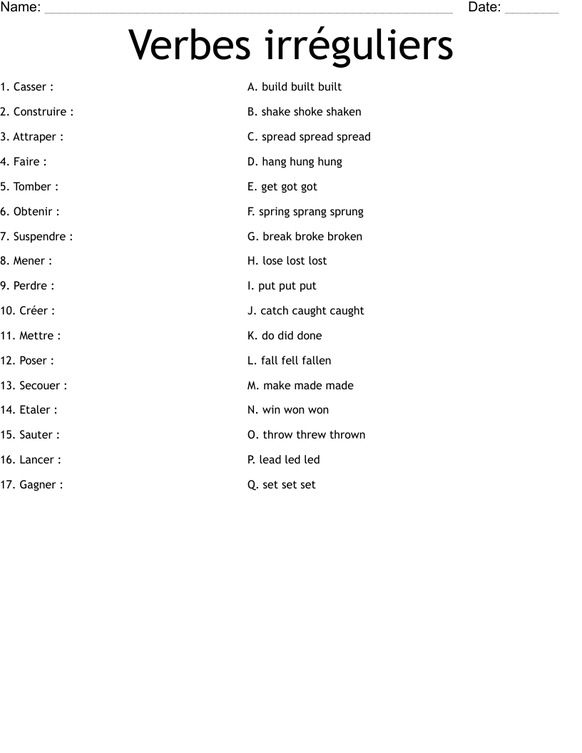 Verbes irréguliers Worksheet