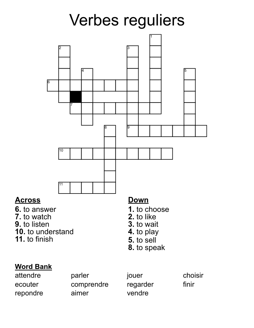 Verbes reguliers Crossword