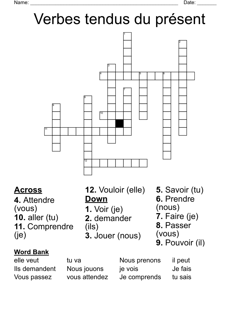 Verbes tendus du présent Crossword
