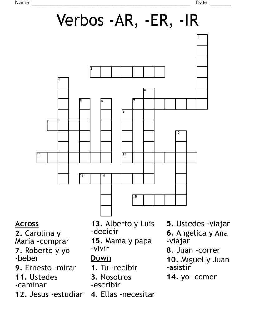 Verbos -AR, -ER, -IR Crossword