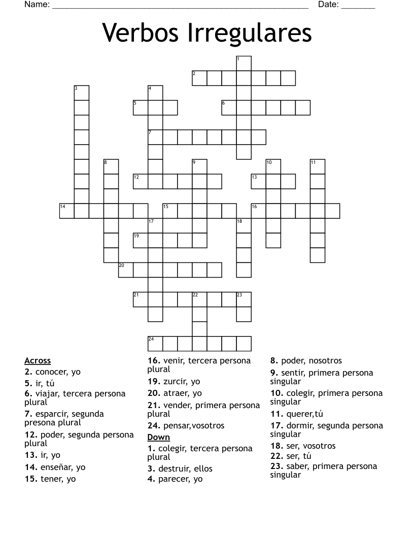 Verbos Irregulares Crossword