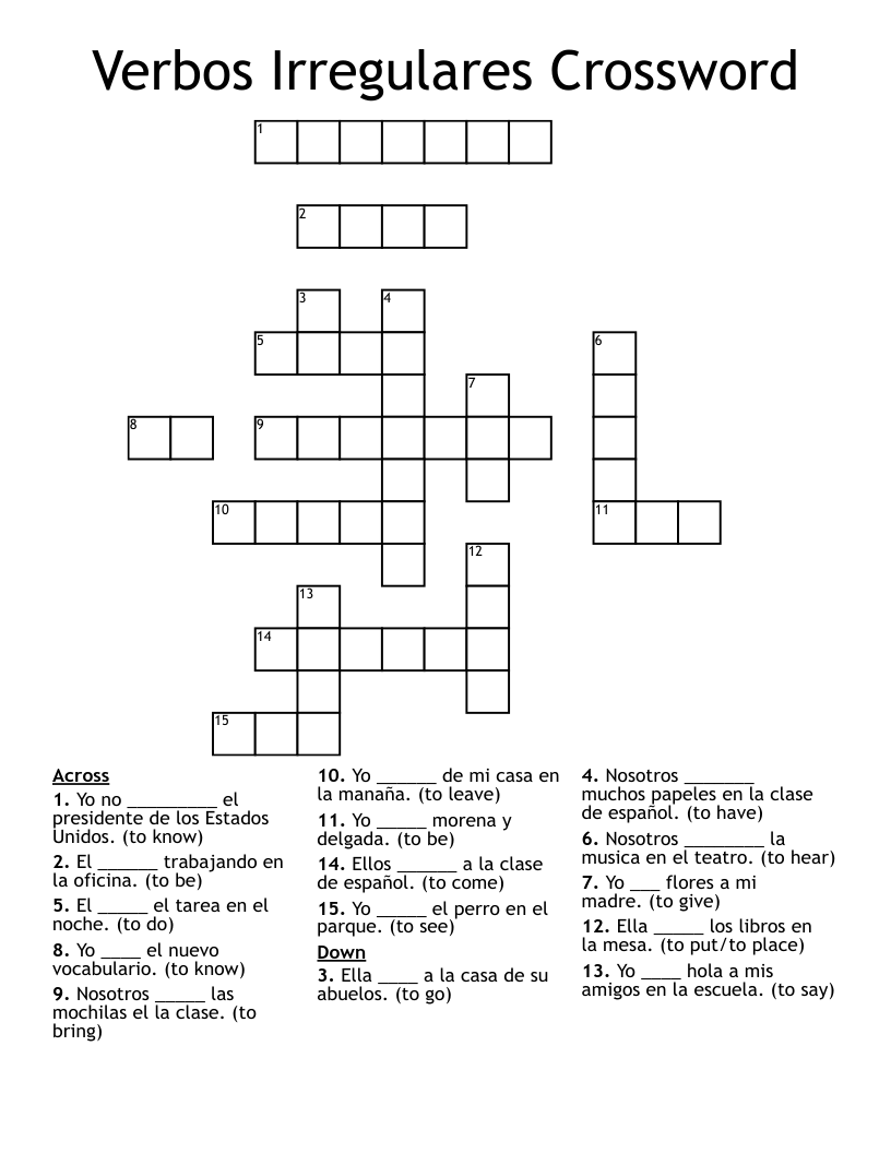 Verbos Irregulares Crossword