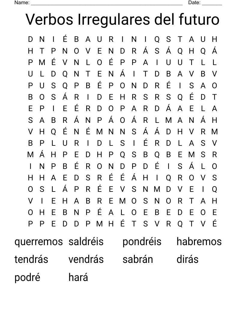 Verbos Irregulares del futuro Word Search